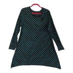 New Directions Black and Teal Striped Keyhole Tunic Sweater Feel Stretch 1X